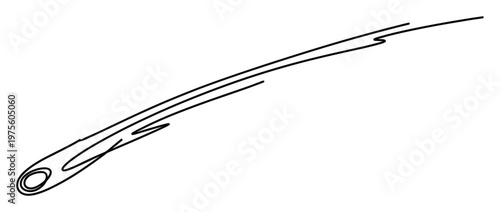 Dynamic graphic line drawing depicting a stylized comet or shooting star with a sleek head and flowing tail, perfect for astronomical education, spacethemed branding, or swift motion visuals