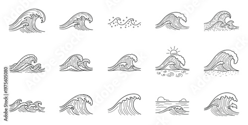 Hand drawn outline ocean waves collection with various sizes and shapes perfect for surf themed graphics, summer holiday imagery, and water related print projects.