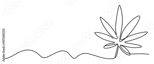 Continuous one line drawing of a cannabis leaf, a minimalist and organic graphic representation perfect for herbal medicine and natural wellness industry branding or modern packaging.