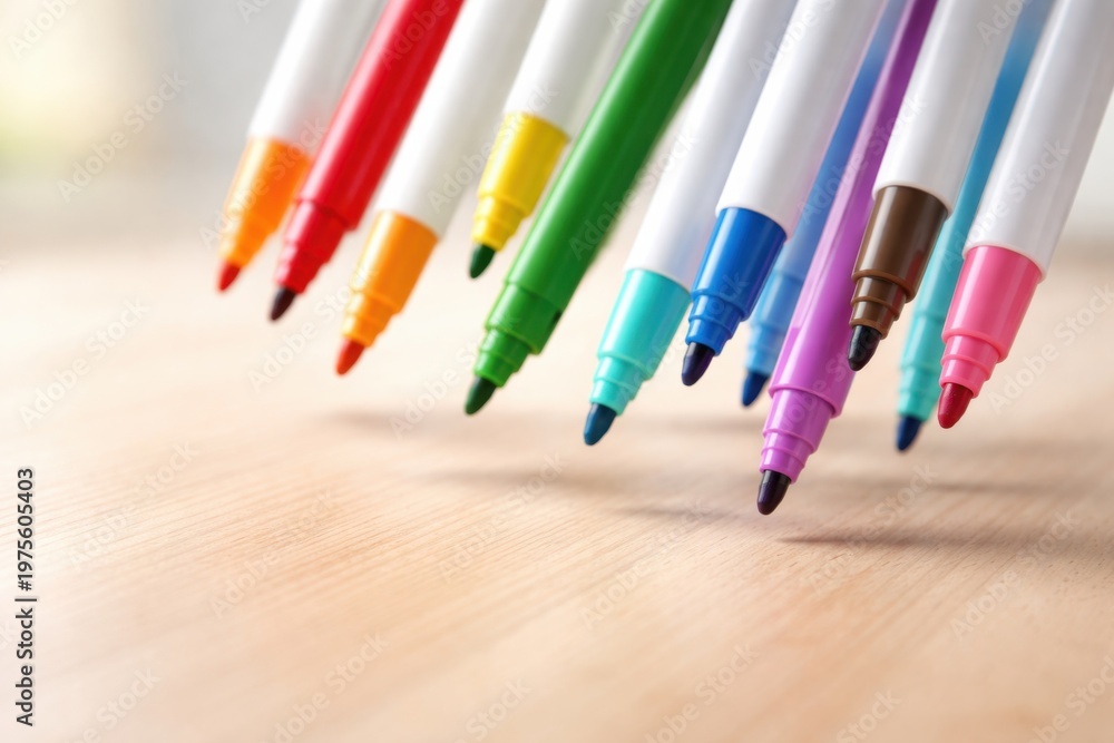 Fototapeta premium A vibrant collection of colorful markers arranged diagonally on a light wooden surface