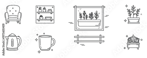 Outline home comfort icons including furniture, houseplants, and kitchen appliances depicting cozy domestic scenes for digital presentations and web content