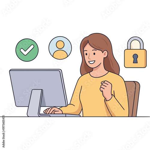 Woman sitting at computer with security icons nearby working safely