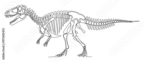 Continuous line drawing depicting an imposing prehistoric dinosaur skeleton, ideal for educational resources, science publications, and paleontological studies.