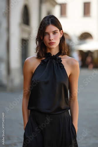 street photo shooting of an italian woman wearing a halter neck collar dress