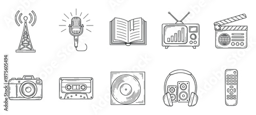 Outline set of media communication icons depicting broadcasting equipment and entertainment devices in a simple doodle style for digital interface design and technology related projects
