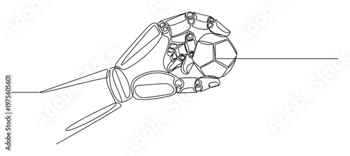 Automation future concept with a robot arm gripping a geometric sphere in a minimalist single line style for technology company websites and innovative product marketing materials