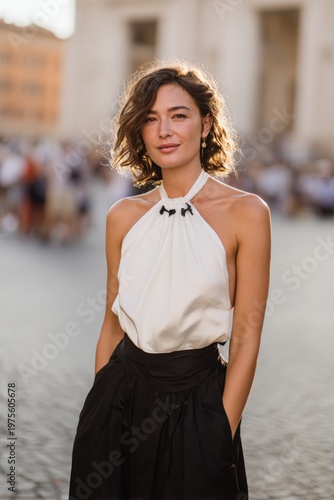 street photo shooting of an italian woman wearing a halter neck collar dress