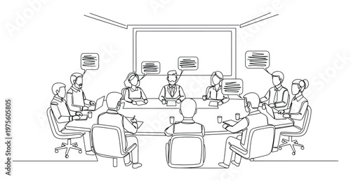 Professional business people actively engaged in a collaborative conference meeting, discussing strategy and sharing ideas around an oval table, ideal for illustrating teamwork and