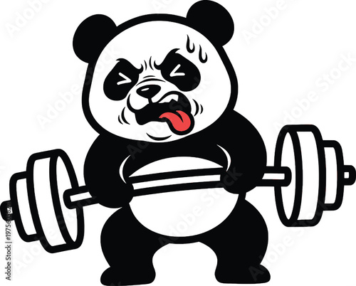 Cute panda struggling to lift barbell - funny workout