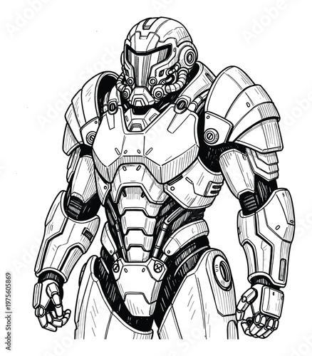 Futuristic armored soldier standing ready in advanced combat gear, perfect for science fiction game assets, comic book visuals, or technology themed projects.