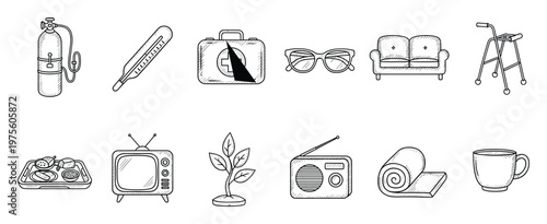 Essential healthcare and daily living items for senior care, comfort, and wellness, perfect for medical brochures, health services presentations, and aged care promotions