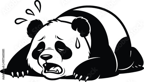 Exhausted panda bear lying down with sweat drops