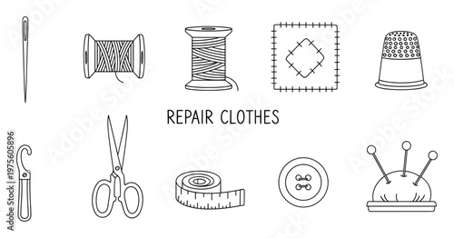 Comprehensive collection of essential sewing repair tools and equipment, perfect for mending garments, craft projects, tailoring hobbies, or textile arts education.