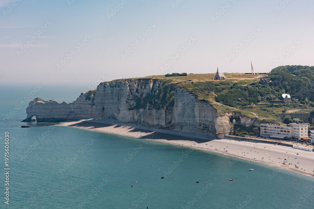 Фотография Etretat Cliffs Chapel Notre-Dame Beach Panoramic Aerial View