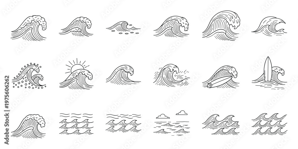 Obraz premium Collection of hand drawn ocean wave icons and water surf symbols perfect for summer beach travel vacation sports themed graphic design projects or digital media applications