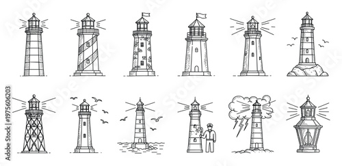 A collection of charming hand drawn lighthouse icons providing essential coastal navigation symbols perfect for maritime themed designs and educational materials