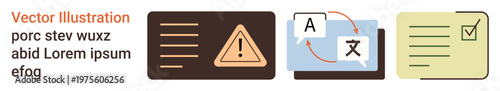 Risk management, language translation, task tracking, digital interface, workflow optimization, productivity tools. Warning triangle, language exchange task checklist. Risk management language