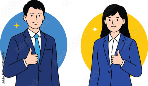 Business Man and Woman Showing Thumbs Up Gesture for Approval, Success, and Positive Feedback Corporate Concept Vector Illustration
