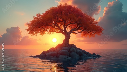Lone tree with bright red leaves sits on rocky island in calm ocean water at sunset. Sun glows golden orange in hazy sky with soft clouds, creating peaceful dreamlike scene.