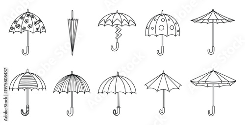 Collection of various outline umbrella shapes and styles featuring different patterns and handles perfect for weather related graphic design projects and educational content
