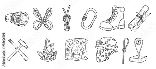 Collection of caving and speleology equipment with essential tools like helmet, headlamp, rope, and crystals for adventure and exploration designs