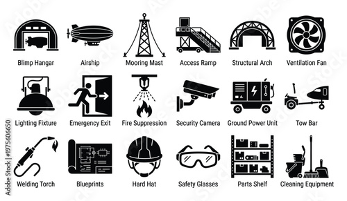 Essential icons depicting blimp hangars, airships, mooring masts, access ramps, structural arches, safety equipment, and industrial tools for aviation and infrastructure related projects.