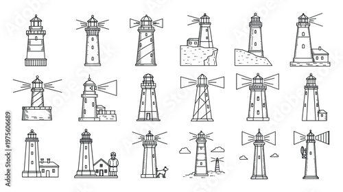 Collection of diverse outline lighthouses showcasing maritime navigation and coastal warning systems suitable for nautical graphic symbols and ocean safety indicators.