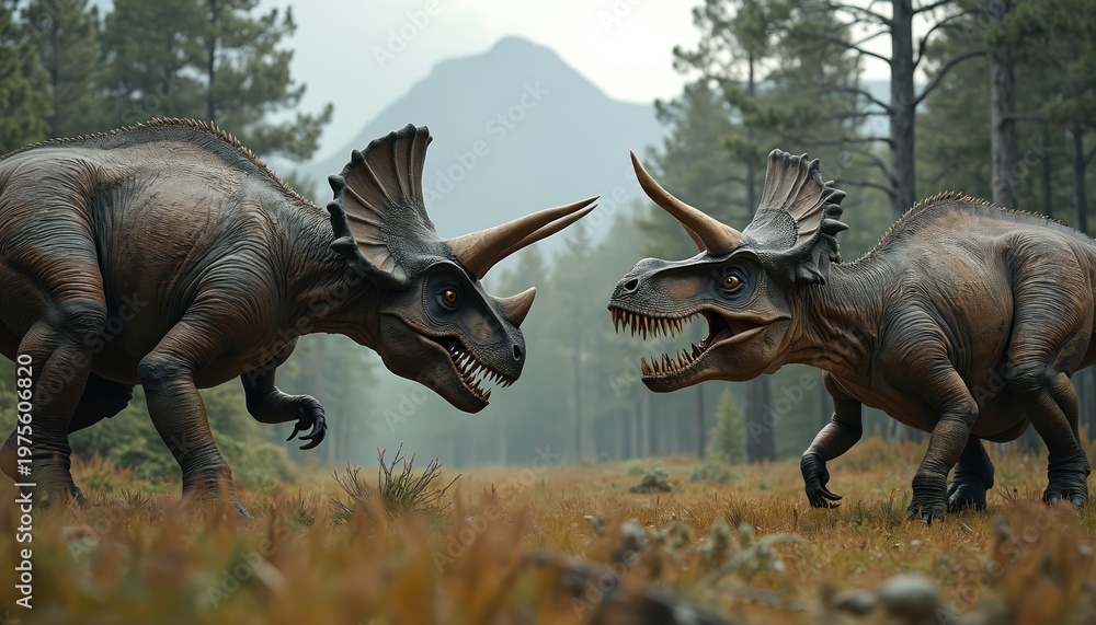 Fototapeta premium Two dinosaurs triceratops and tyrannosaurus rex confront each other in prehistoric forest. Large reptiles with horns and teeth ready for battle in wild nature. Ancient era scene with huge beasts.