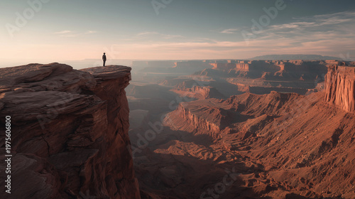 tiny human silhouette standing on cliff edge overlooking massive canyon, scale contrast, dramatic HDR lighting, photo-realistic, ultra-detailed rock formations, 8k wide-angle shot.