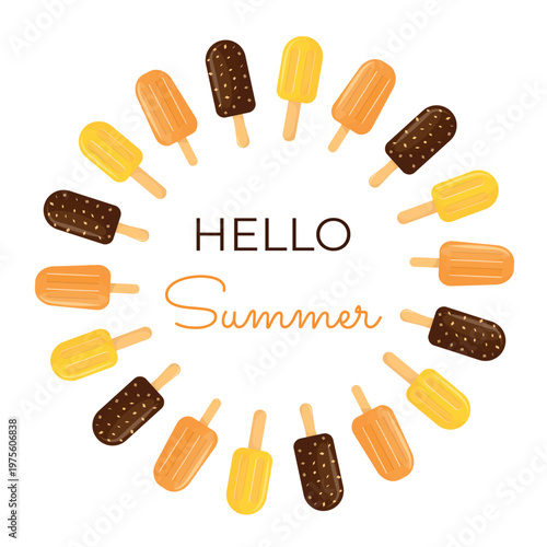 Summer greeting card with colorful ice cream popsicles in a circular frame. Bright frozen desserts. Modern vector illustration perfect for seasonal design, posters and invitations.
