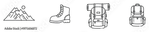 Explore the wilderness with a set of minimalist line icons depicting majestic mountains, sturdy hiking boots, and functional backpacks, perfect for travel and outdoor themed projects.