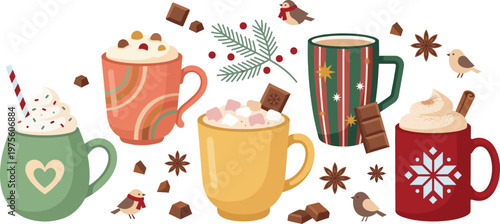 Christmas Hot Drinks Set with Festive Mugs, Cocoa, Marshmallows, Chocolate Pieces, and Holiday Decorations for Winter Beverage Vector Illustration Collection