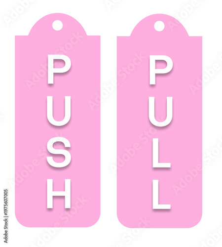 A pair of vertical door signs in pink and white. Featuring white 
