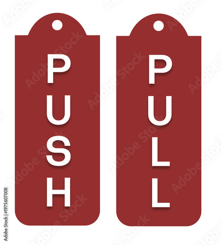 A pair of vertical door signs in red and white. Featuring white 