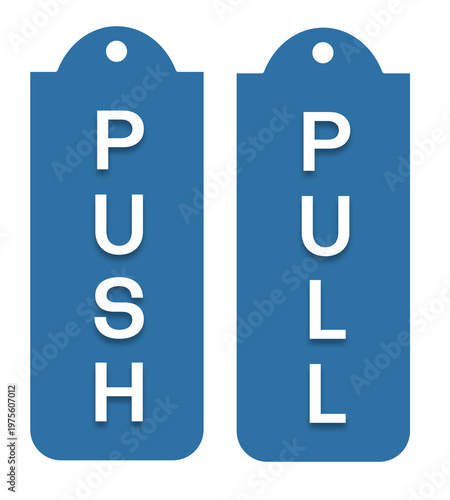 A pair of vertical door signs in blue and white. Featuring white 