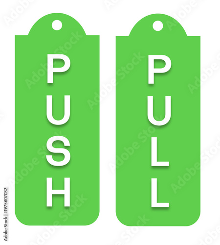 A pair of vertical door signs in green and white. Featuring white 