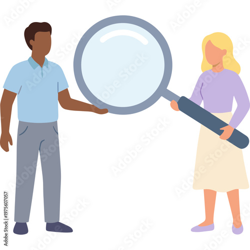 Man and woman examining large magnifying glass closely together