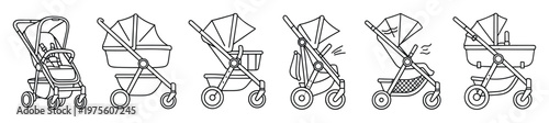 Collection of various baby strollers and prams in outline style, perfect for web icons, print designs, or educational materials related to childcare and parenting products