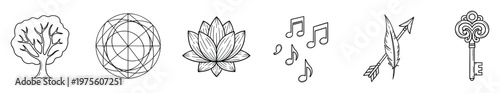 Diverse set of line icons depicting a stylized tree, sacred geometry circle, blooming lotus, flowing music notes, elegant feather arrow, and antique key perfect for spiritual and magical
