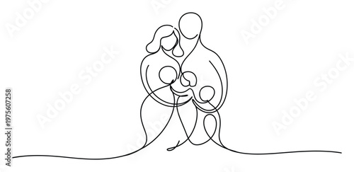 Continuous line drawing depicting a loving family of four, including parents and two children, symbolizing unity, care, and togetherness for use in projects related to family values.