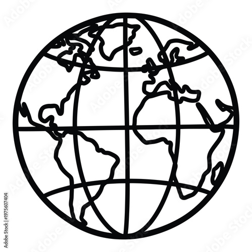 Stylized graphic depiction of the Earth globe with visible landmasses and geographic grid, ideal for conveying concepts of worldwide connection, travel, and international communication in
