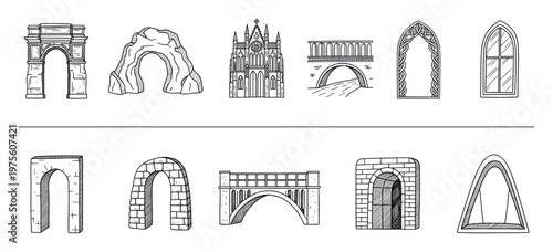 Hand drawn architectural arches and natural archways collection featuring diverse building structures bridge window and portal designs