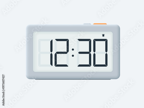 Realistic digital clock isolated on a light background, front view. Vector 3D illustration.