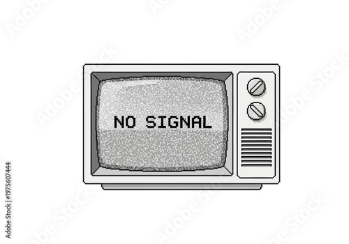 Black and white retro television set displaying static and the words 'NO SIGNAL' on its screen