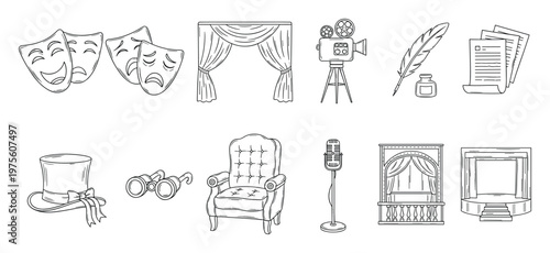 A versatile collection of outline drawings showcasing essential theater and cinema props and elements ideal for various performing arts and entertainment related projects