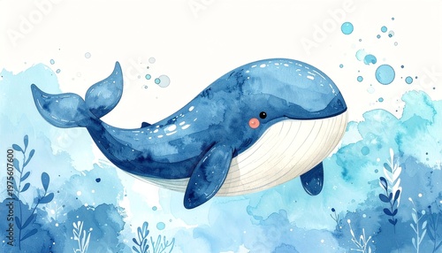 Minimalist watercolor illustration of Cute cartoon whale