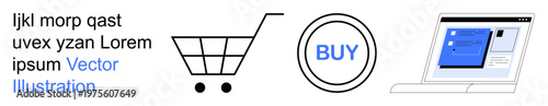 Online shopping, e-commerce platforms, digital marketing, web applications, purchasing tools, user experience. Shopping cart, buy button laptop screen a webpage. Online shopping and e-commerce