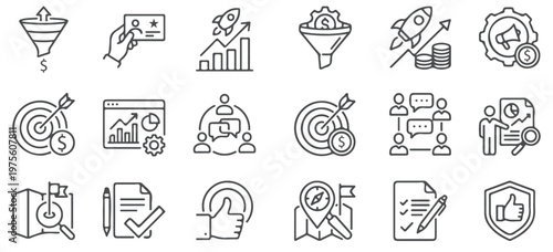 Sales Management Icon Set – Editable Line Icons for Business Strategy, CRM, Revenue and Performance Tracking