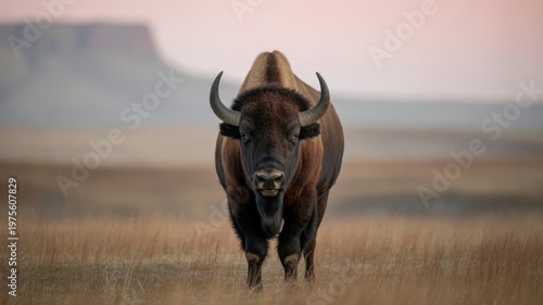 Majestic wild bison standing in golden grassland at sunset with misty mountains