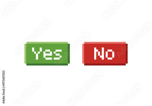Two pixelated buttons, one green labeled "Yes" and one red labeled "No", on a white background